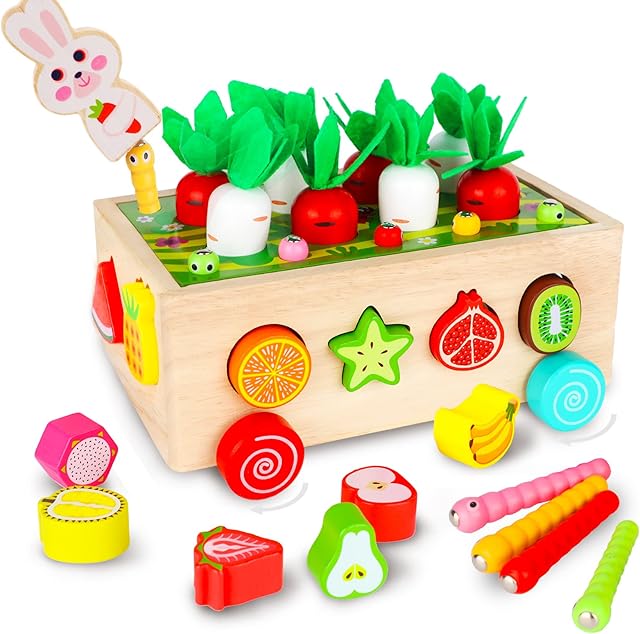 JUWUGU 7-in-1 Montessori Toys for 1 2 3 Year Old, Wooden Shape Sorter and Stacking Cubes for Toddler Kids, Baby Harvest Toys with Fishing Game, Preschool Learning Fine Motor Skills Games Gifts