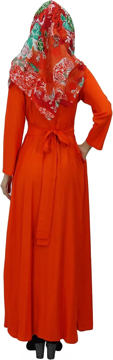 Bimba Women's Long Sleeve Muslim Islamic Abayas Pleated Maxi Jilbab with Hijab Orange
