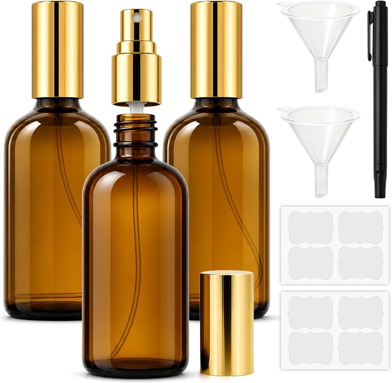 Cocurb Frascos de Vidro Âmbar com Spray, 3 unidades de 120 mL, Tampas e Pulverizadores Dourados