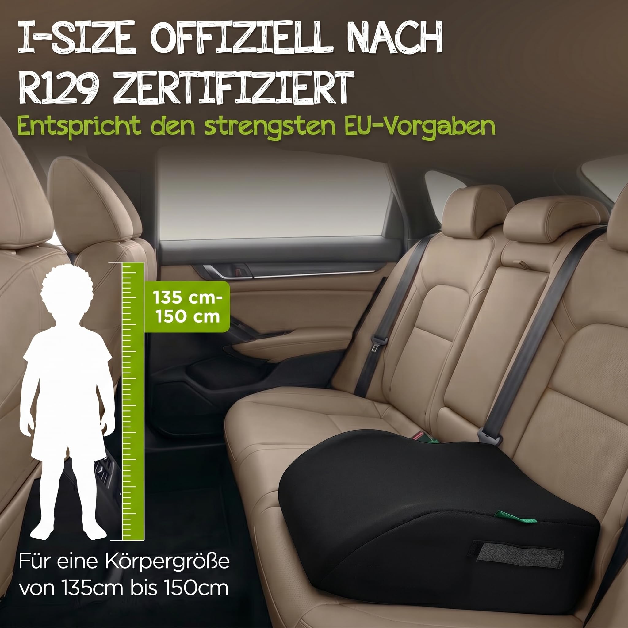 Kindersitz fürs Auto (Schwarz) – Praktisch, komfortabel und sicher – Geprüfte Sicherheit nach Kindersitznorm R129 – Kindersitz 135-150cm – kompakt und unkompliziert