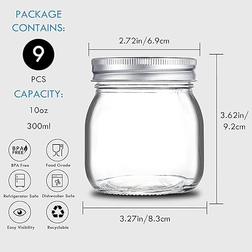 Miniatura 3 de YEBODA Paquete de 9 tarros de vidrio de boca ancha de 10 onzas con tapas herméticas y bandas para conservar, mermelada, miel, gelatina, recuerdos de