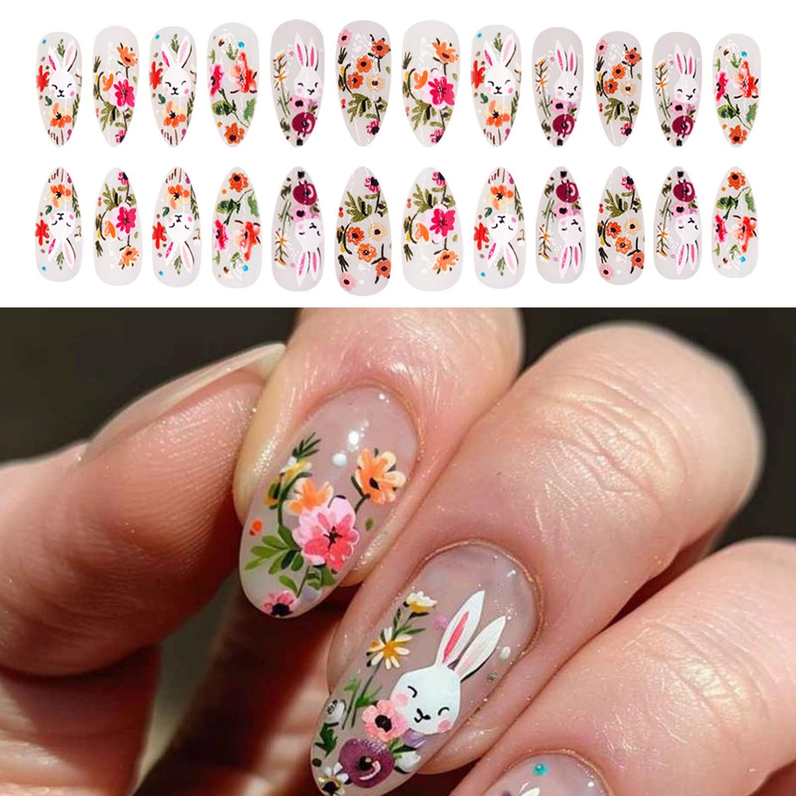 24pcs Pasqua Press On Nails Acrilico Lucido Unghie Finte Con Fiori Disegni Stick On Unghie Per Donne E Ragazze Manicure