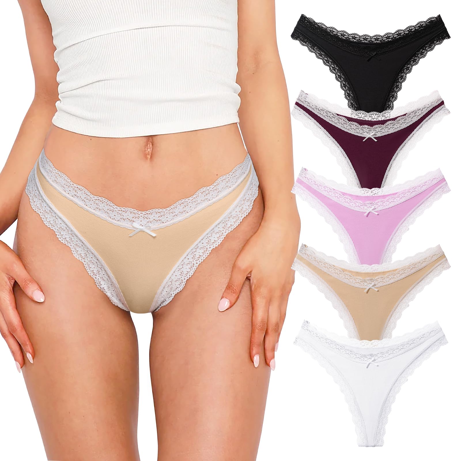 REORIA Womens Sexy Lace Cotton Seamless Thongs Panties for Women Cheeky No Show Underwear 5-Pack