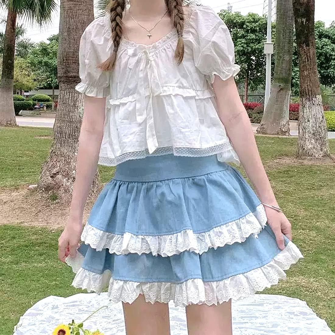 Harajuku Lolita Kawaii Style Goth Fashion Elastic Waist Vintage Ribbon Layered Lace Blue Pleated Short Skirt - Image 3