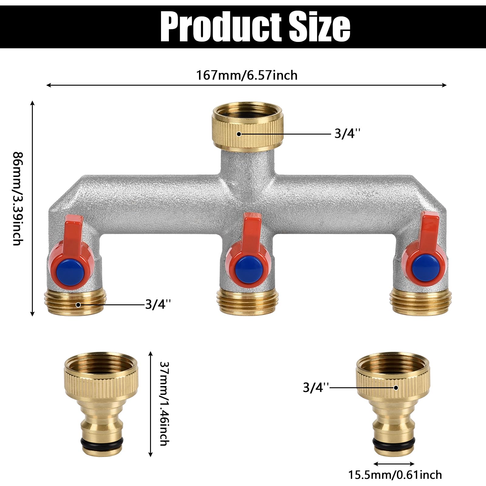 Répartiteur de robinet 3 voies en laiton de 1,9 cm avec 3 valves individuelles marche/arrêt et trois connecteurs rapides pour système d'arrosage de robinet de cuisine de jardin