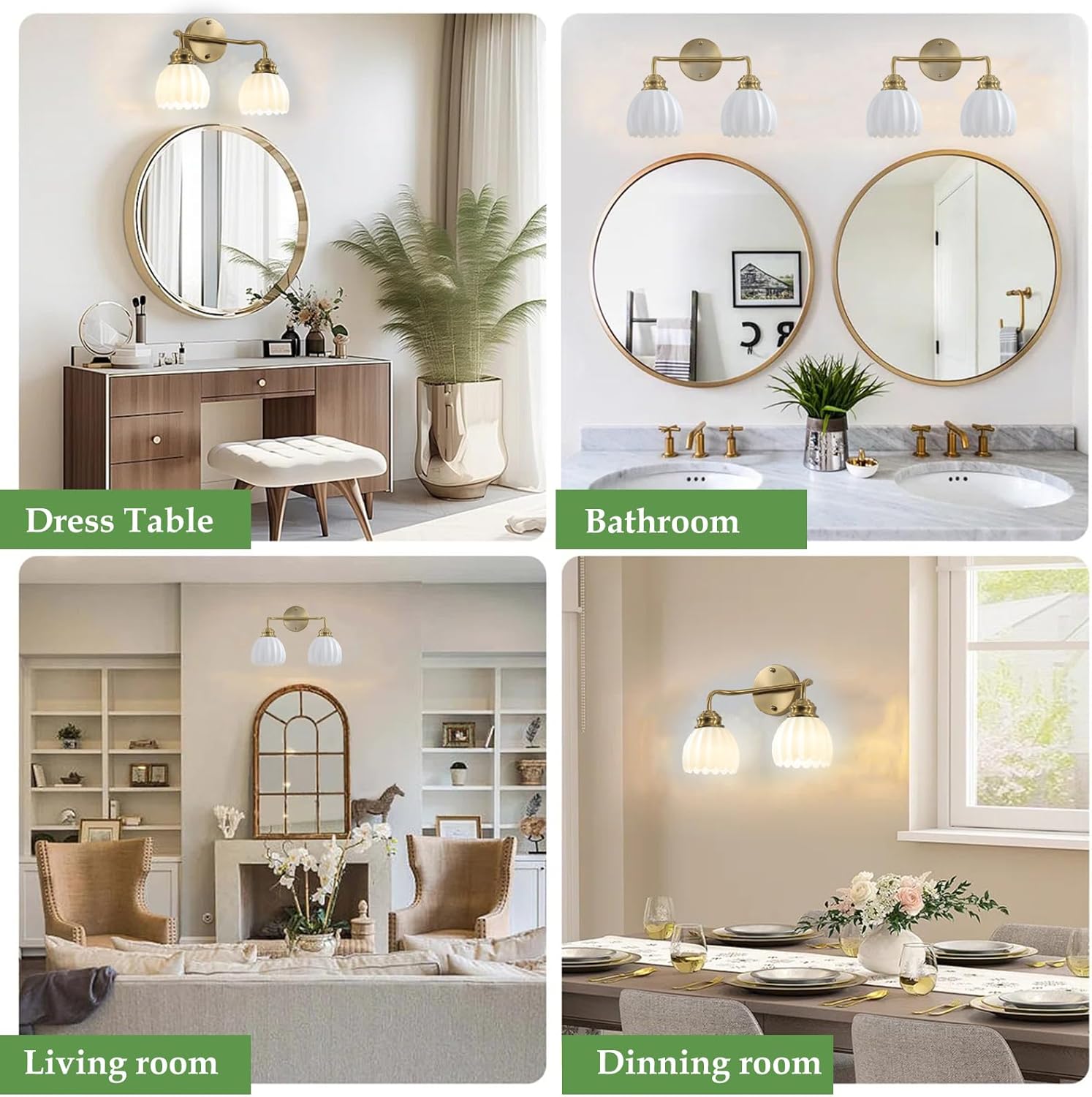 2 Light Vintage Bathroom Light Fixtures, Gold Bathroom Vanity Light, Brass Finish with White Tulip Glass Shade, Wall Lighting for Bedroom, Living Room, Hallway,E26 Base