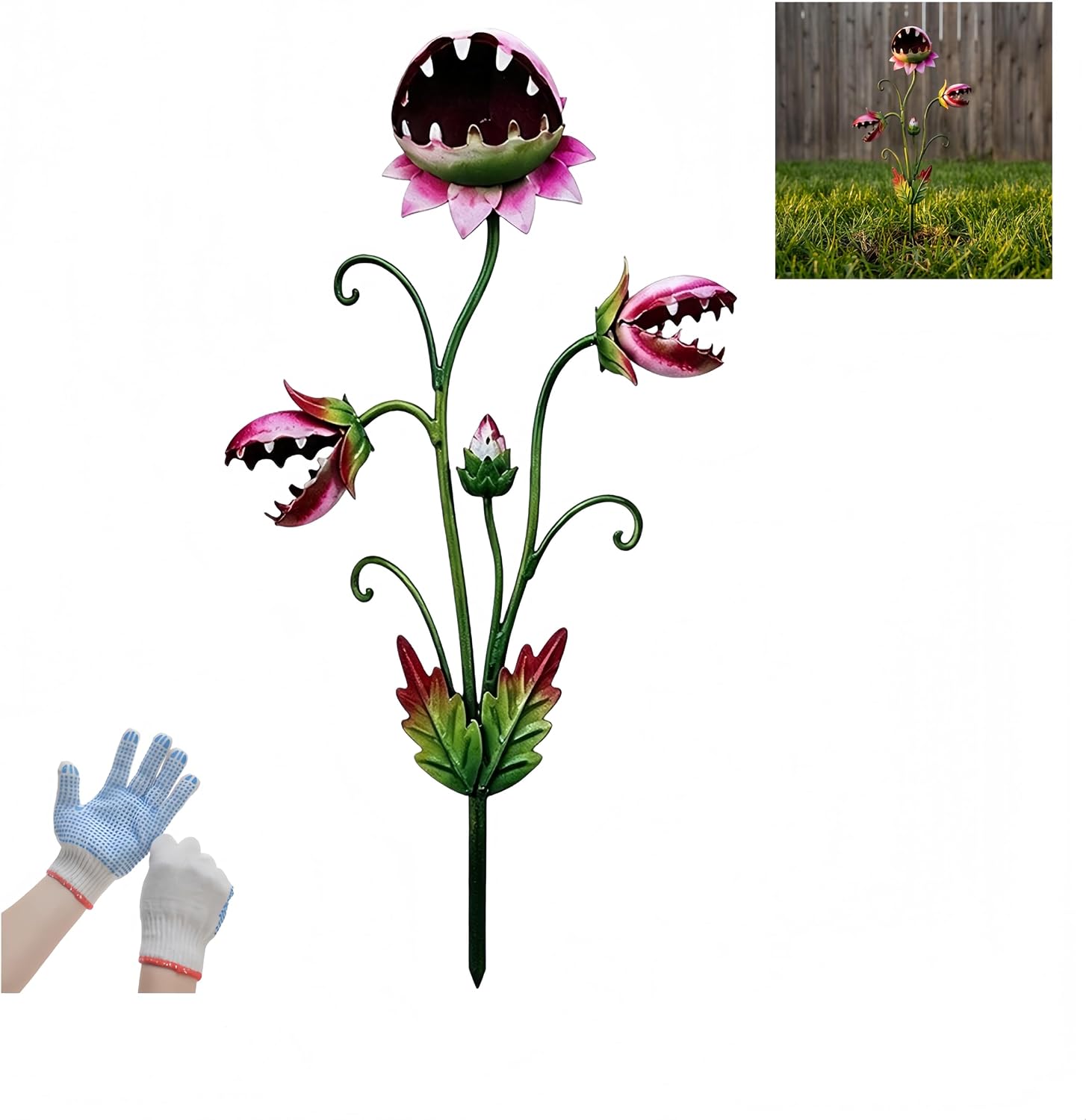 Whimsical Metal Carnivorous Plant,Garden Stake Large Venus Fly Trap Live Plant Sculpture,Outdoor 11.8 Inch 2D Metal Yard Art Venus Flytrap Decor for Flower Beds Patios,Planters, Lawn (1, E)
