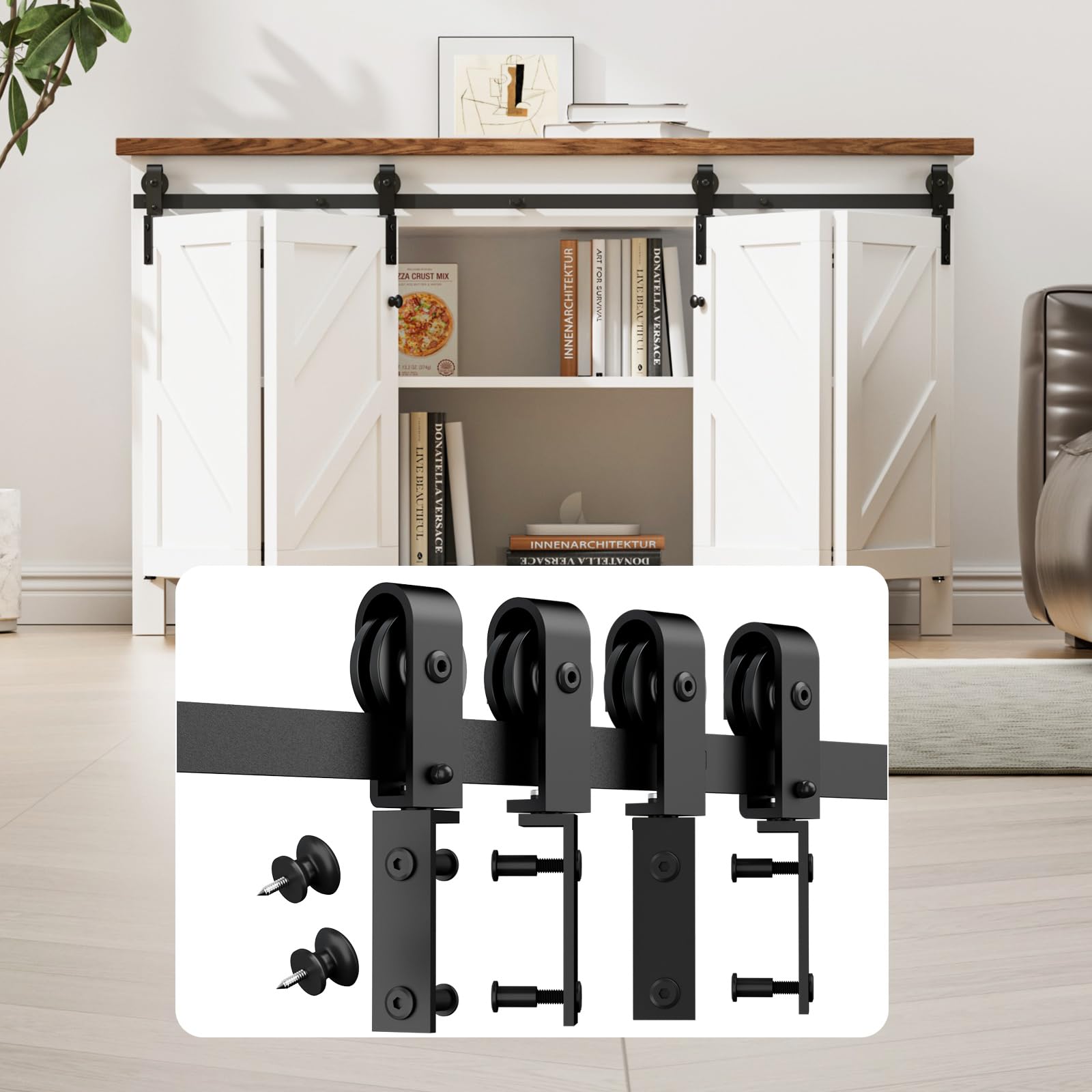 Mini herraje para puerta corredera de 6FT/183cm, para mueble para televisión con doble puerta, armario, juego de herrajes para puerta plegable (no incluye puertas de armario)