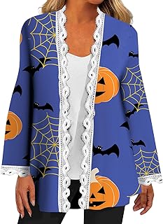 ZZSNWWL Halloween Long Sleeve Cardigans for Women UK Lightweight Lace Stitching Pumpkin Bat Printing Women's Long Cardigans Sweaters Black Plus Size Sports Running Workout Gym Cardigans Tops