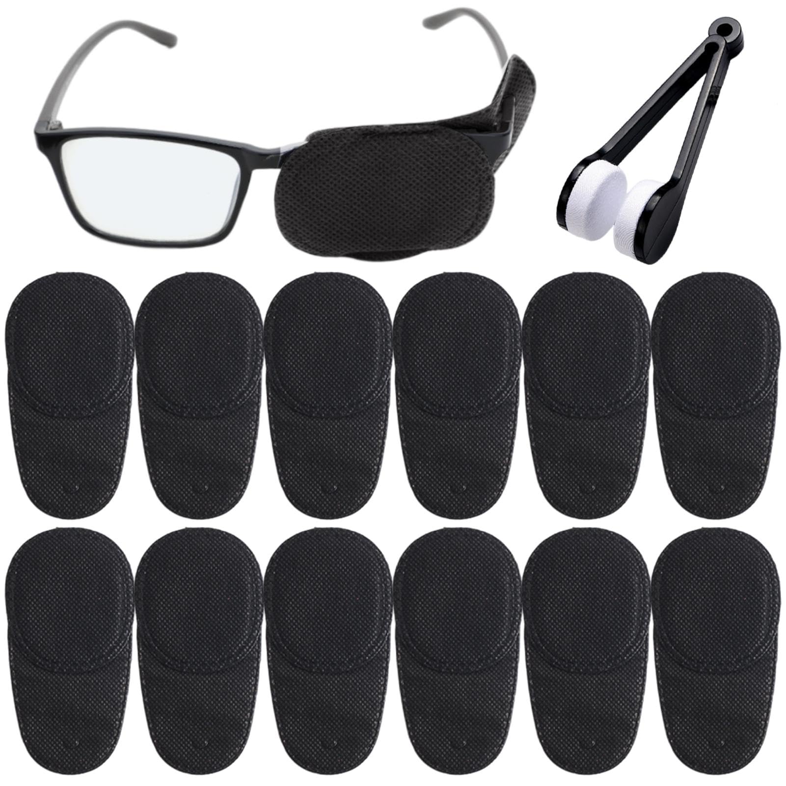 FDKJOK12pcs Eye Patches for Glasses, and Eyeglass Cleaning Brush, Non-Woven Fabric Glasses Eye Patch to Cover Left Right Eye Improve Vision for Kids' & Adults' Lazy Eye Amblyopia Strabismus(Black)