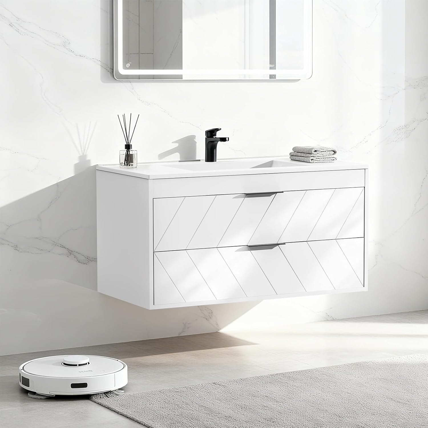 24 Inch Bathroom Vanity with Sink, Modern Floating Bathroom Vanity with Resin Sink, 2 Large Storage Darwers, Wood Grain Texture Wall Mounted Vanity, Metal Handles, White