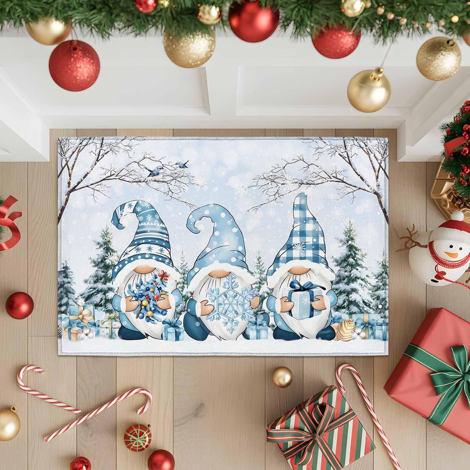 Welcome Doormat Non-Slip Bath Rugs 18x30in, Blue Gnome Christmas Tree Squirrel Snowflakes Indoor Kitchen Rugs Floor Door Mat Winter Snowy Water Absorption Bathroom Carpet Home Decor Entrance Mat