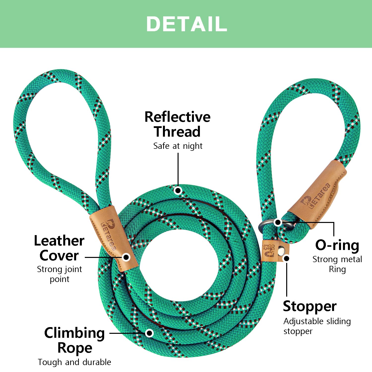 Correa antideslizante de 5 pies, correa de cuerda resistente para perros pequeños, medianos y grandes, correa de entrenamiento sin tirones con hilo reflectante, correa de bucle fuerte y cómoda