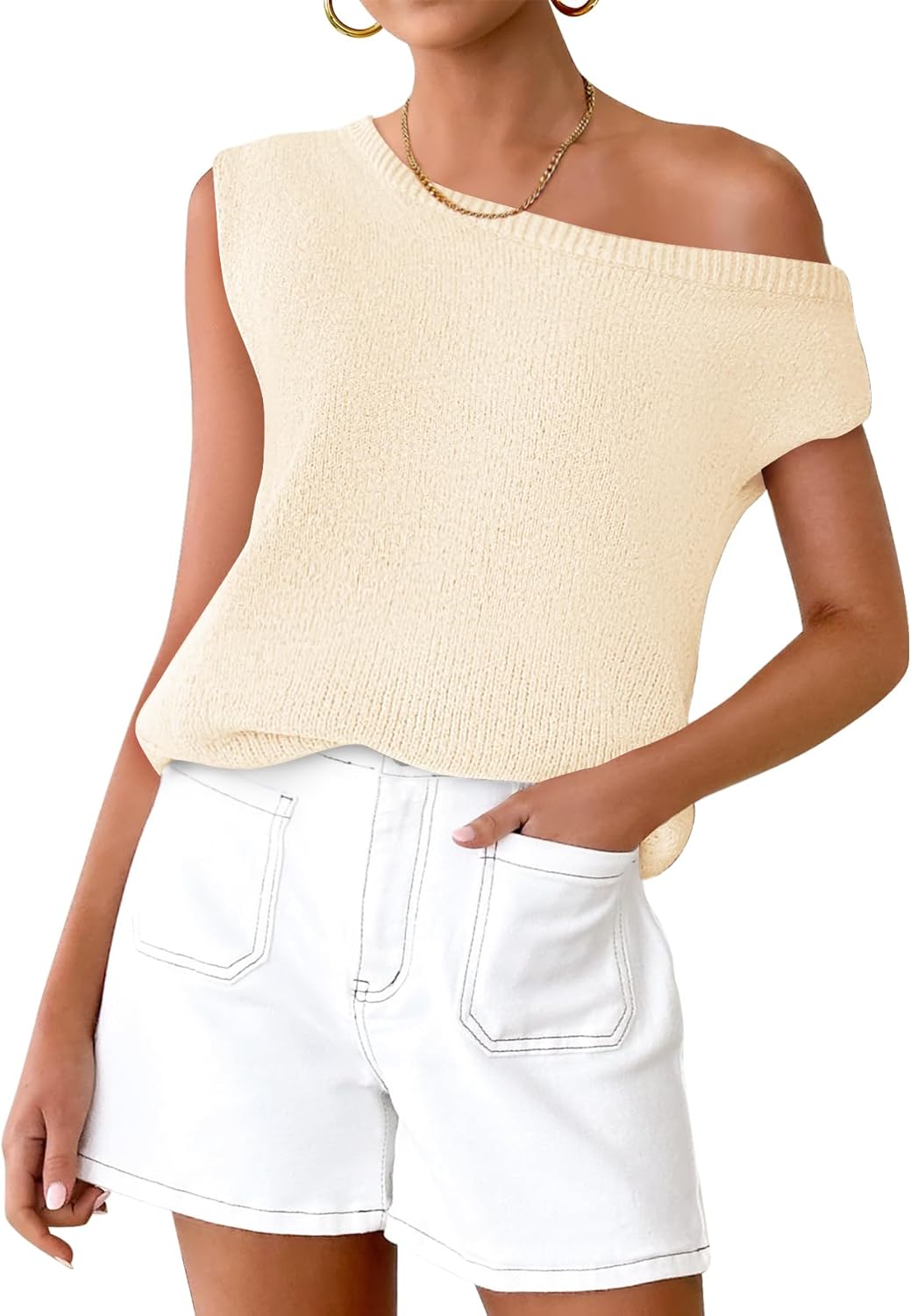 ZESICA Women's Summer Off The Shoulder Knit Tops 2026 Casual Short Sleeve Oversized Shirt