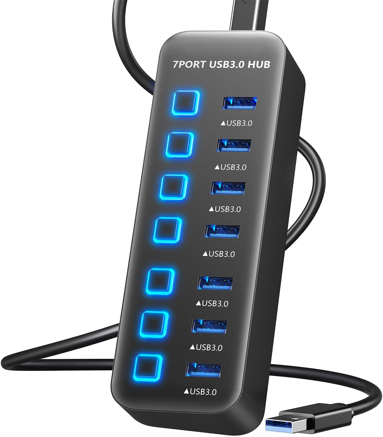 USB Hub 3.0 7 Port, USB Data Hub Splitter with LED Individual On/Off Switches and Lights, 5Gbps High Speed USB Port Expander for MacBook, Mac Pro, Mac Mini, iMac, Surface Pro, XPS, PC