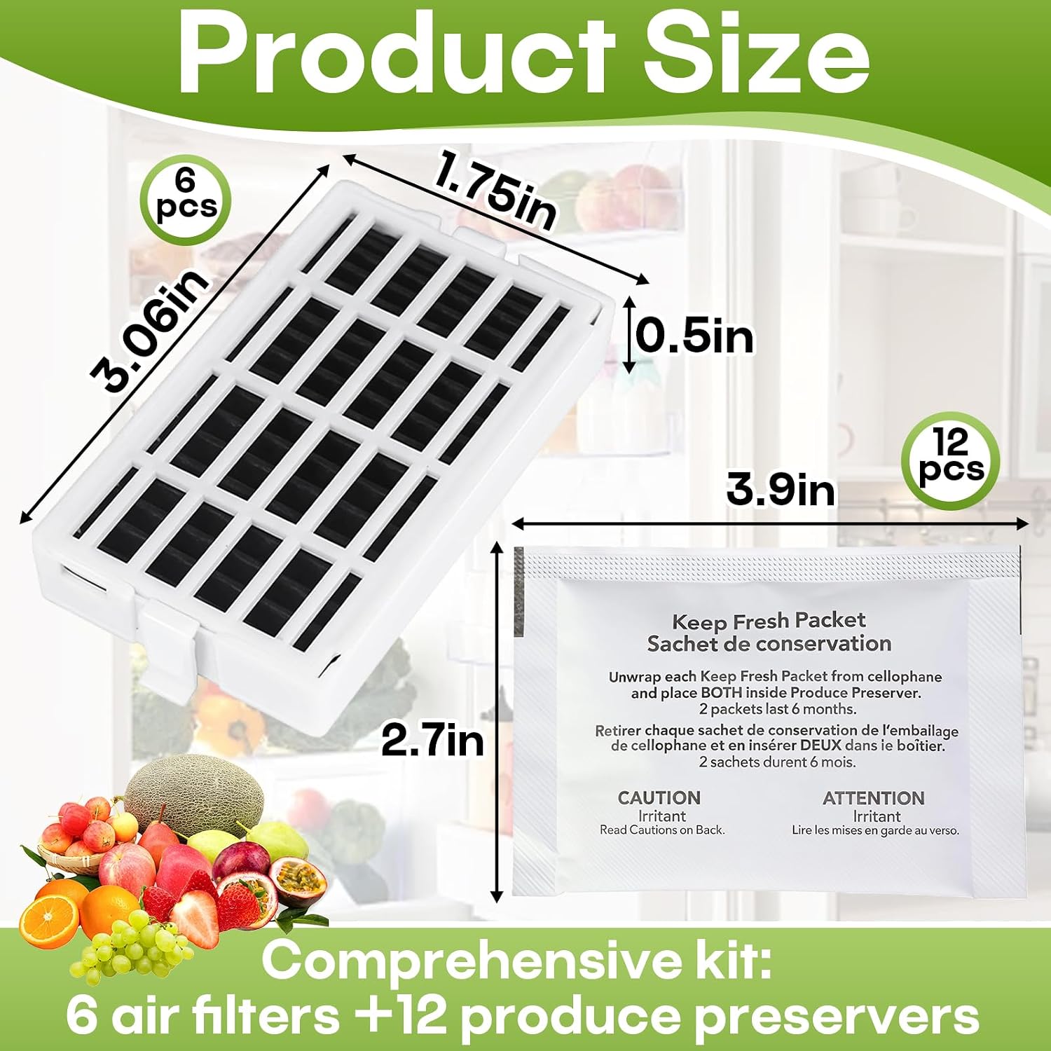 6 Pcs W10311524 Air Filter & 12 Pcs W10346771A Freshflow Produce Preserver