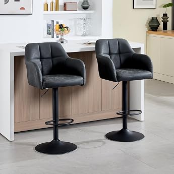 PU Leather Bar Stools Set of 2 Height-Adjustable Armrest Footrest Black