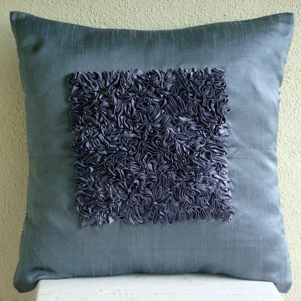 The HomeCentric Throw Pillow Cover, Blue Decorative Pillow Cover for Sofa 16x16 inch (40x40 cm) Silk Pillowcase with Zipper, Solid Color, Ribbon Embroidery, Modern Toss Pillow - Vintage Blue Love