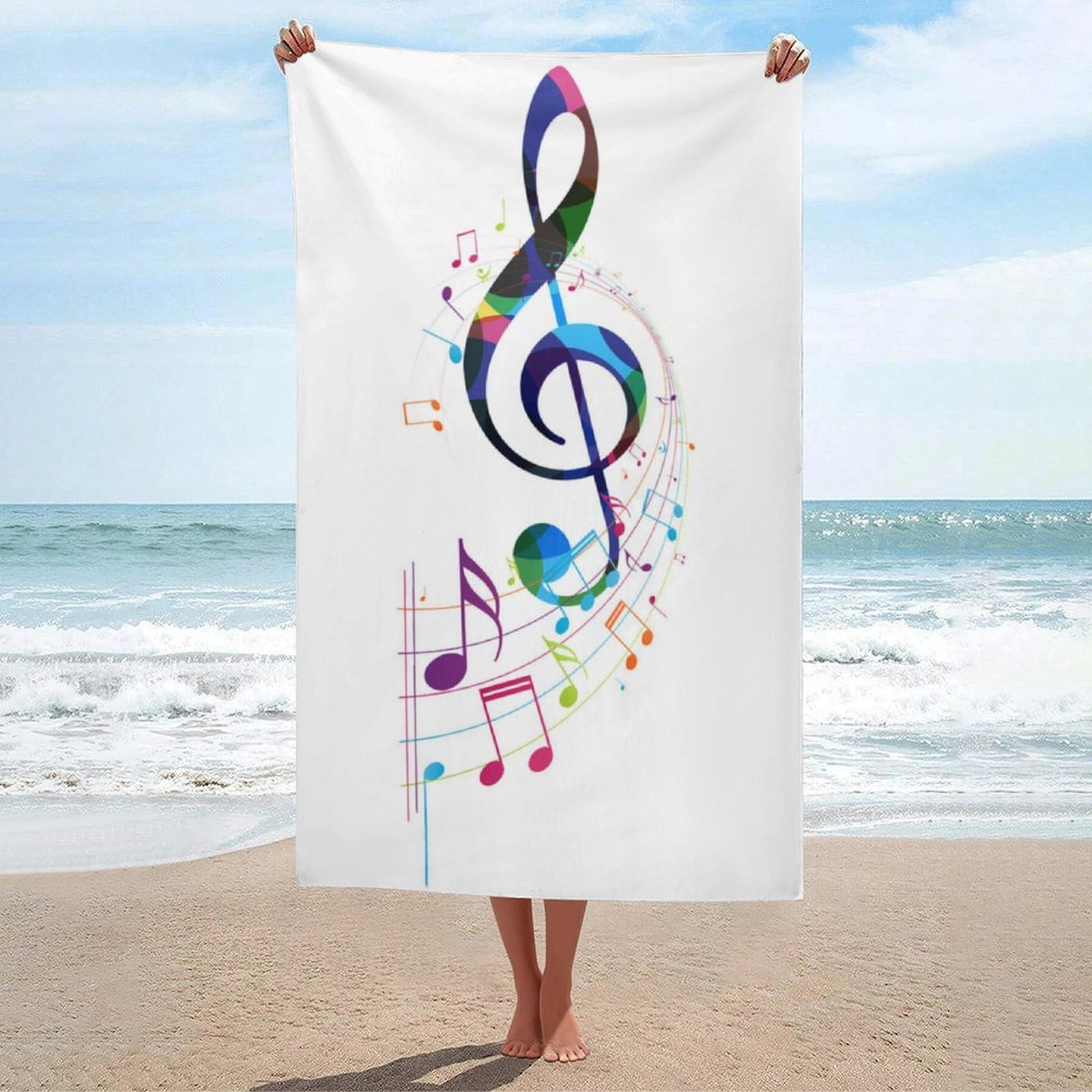 LEDFCVSU Beach Towel, Colorful Music Notes Bath Towel, Absorbent Towel for Swimming, Sports, Travel