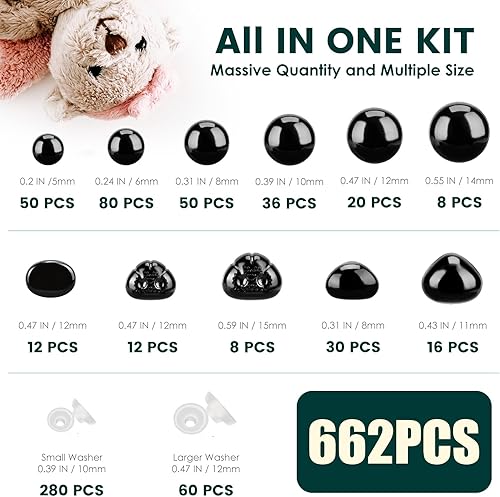 Miniatura 2 de Junreox - 662 ojos y narices de seguridad para Amigurumi, ojos de seguridad preimum para animales de peluche de ganchillo, 0.197-0.551 in, ojos