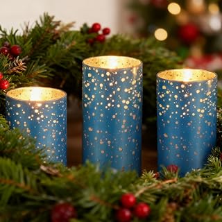 Flameless Blue Mercury Glass LED Pillar Candles with Remote and Timer, Battery Included, Flickering Warm White Light, Set of 3 for Christmas, Holiday, Home Décor, Weddings, Parties