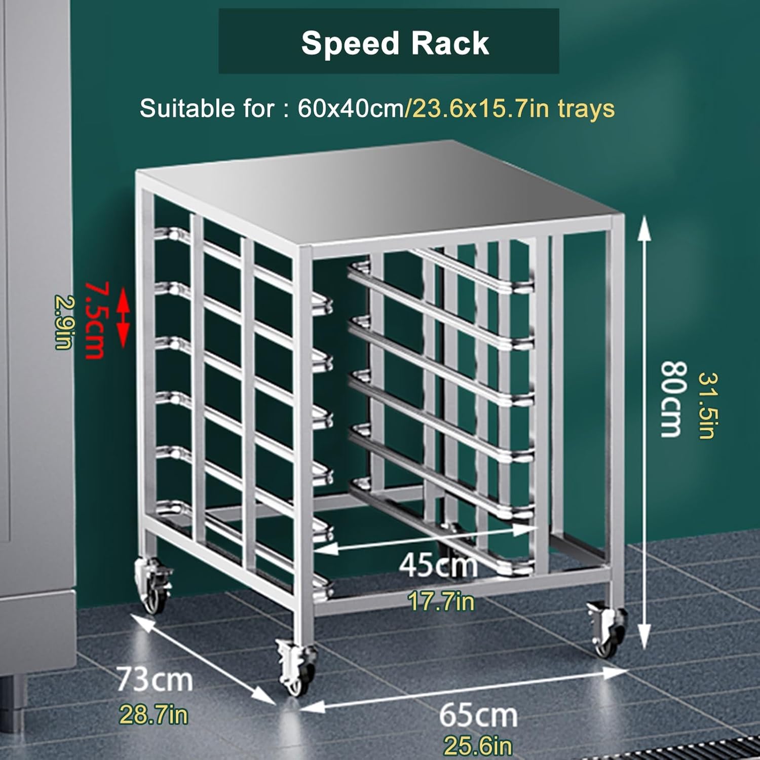 WDJBPSH Tiered Oven Rack/Bakery Cooling Shelf, Commercial Stainless Steel Sheet Pan Drying Holder with 2 Locking Wheels, 7.5cm Spacing for 60x40cm Baking Tray