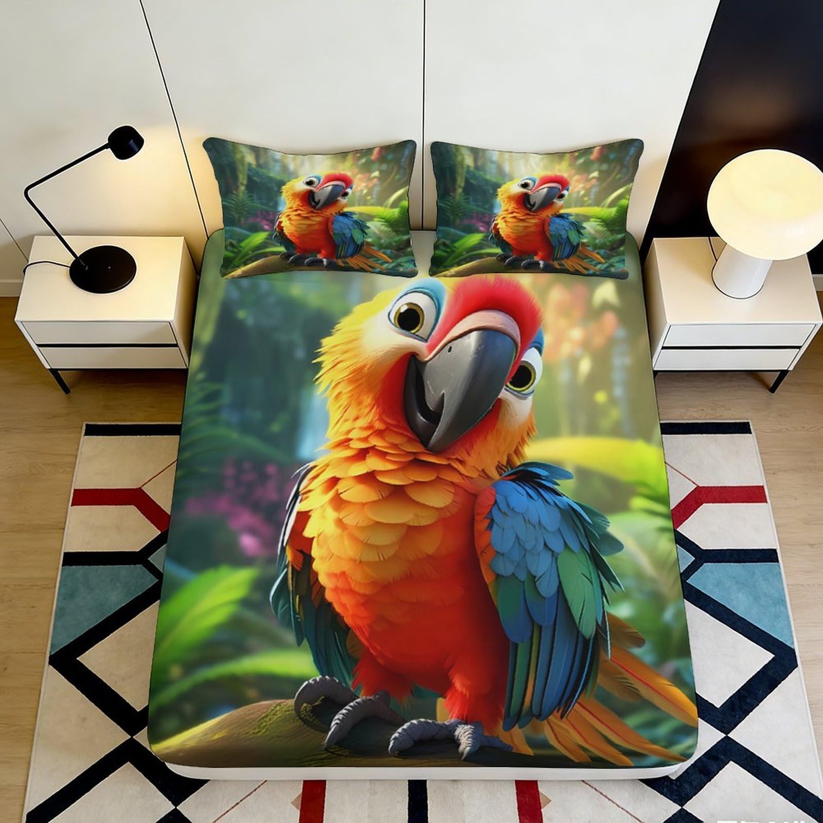 3D Printed Tropical Parrot Fitted Sheet Microfiber Anti-Slip Soft Jungle Bird Bed Cover for Bedroom Guest Room Decor 90x200x25cm