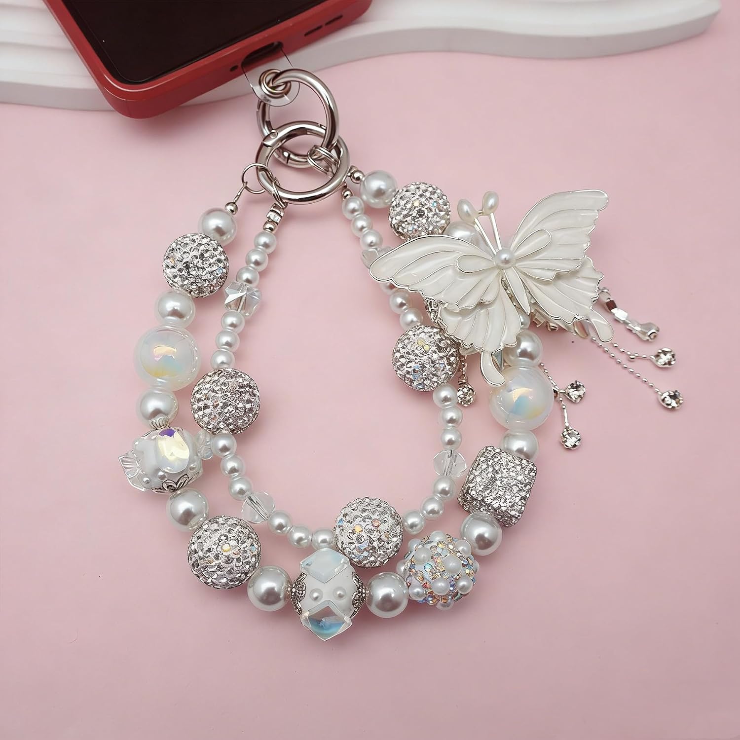 Rhinestone Bag Charm Chain Crystal Purse Decorative Handbag for Tote Shoulder Bag Handle Straps (Rhinestone Bufferfly White Beads)