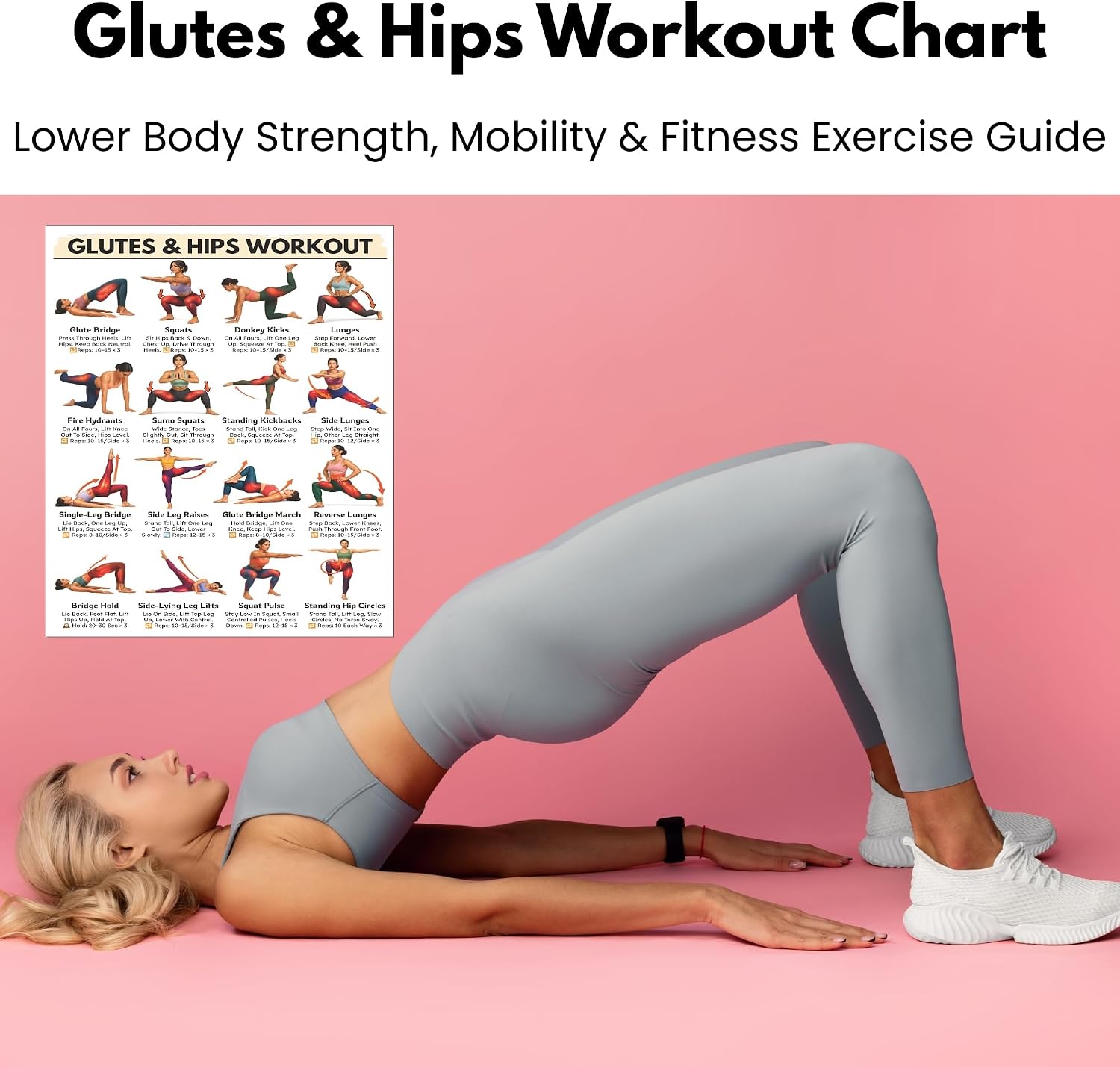 Glutes and Hips Workout Charts - Booty Exercise Routine Chart for Home Gym - Lower Body Training Guide for Squats, Bridges, and Lunges