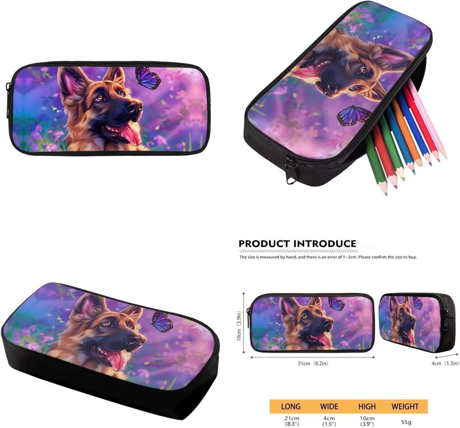 German Shepherd Backpack and Lunch Bag Set for Girls 6-8/8-10/10-12 Dog Kids Bookbag with Lunch Box Butterfly Elementary School Book Bag Lunchbag Pencil Case Student Schoolbag Back Pack