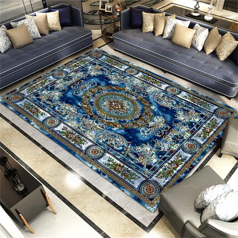 Tapis vintage bleu floral 120x160cm lavable pour décoration ado et terrasse