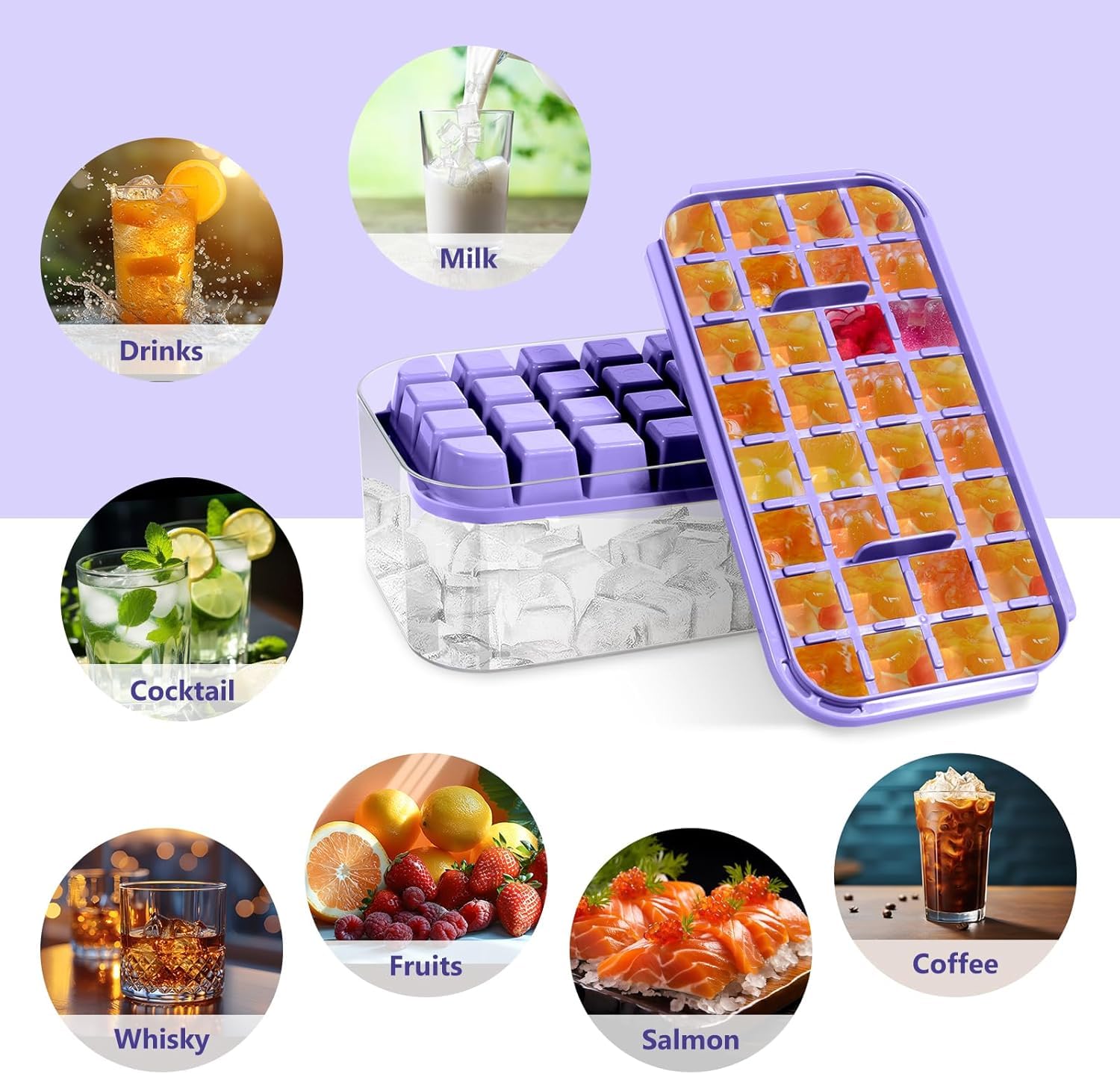 Bac à Glaçons 64 Carrés Qualité Alimentaire Sans BPA Couvercle Libération Rapide Violet