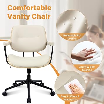 Office Computer Desk Chair Mid Century Modern Office Chair Swivel Rolling Task Chair with Armrests and Walnut Back, Adjustable, 360 Swivel for Home Office Beige