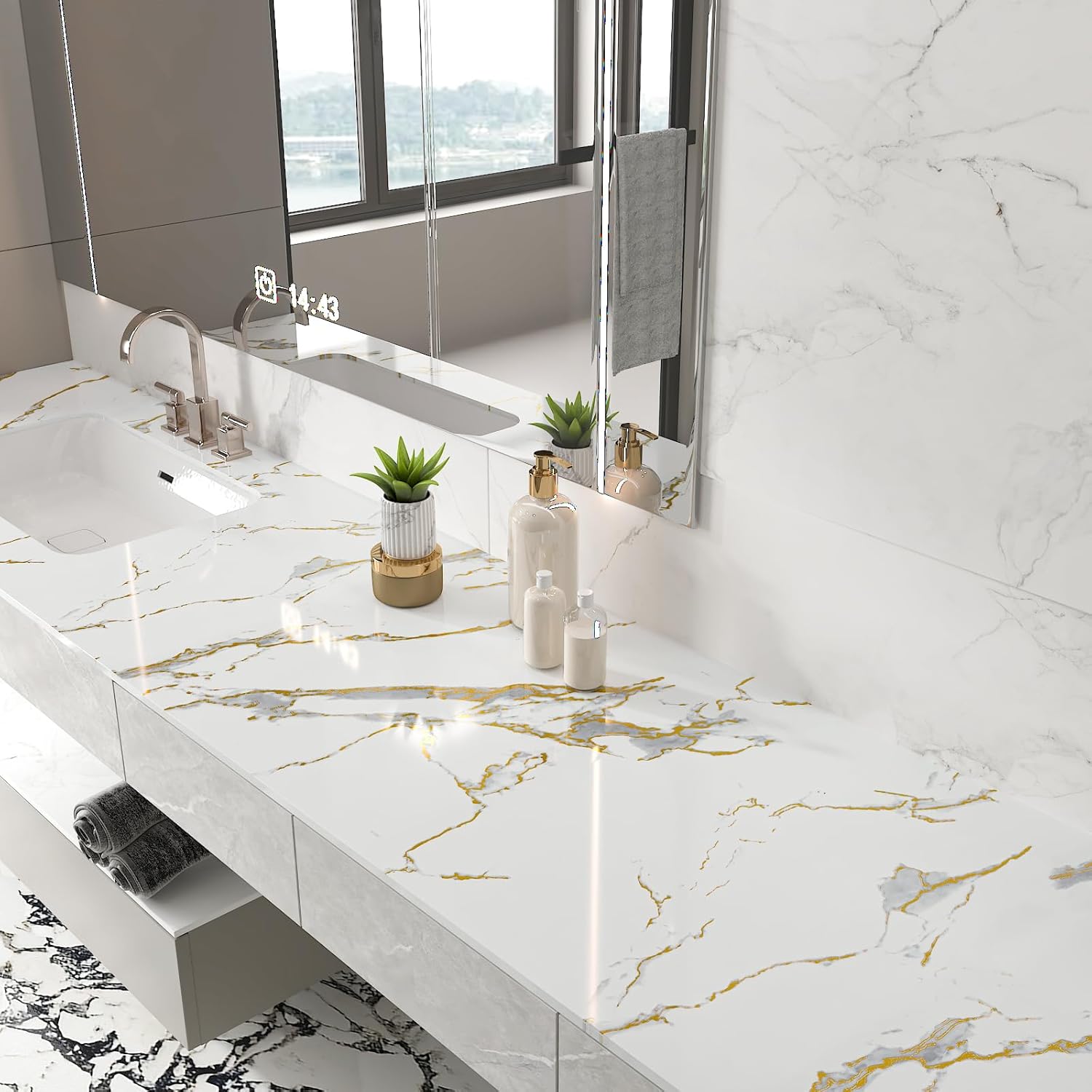 CHIHUT Thick White Gold Marble Contact Paper Waterproof Removable Self Adhesive Marble Wallpaper Peel and Stick 12"x472" for Kitchen Bathroom Countertops Counter Top Stick Paper Vinyl Wrap