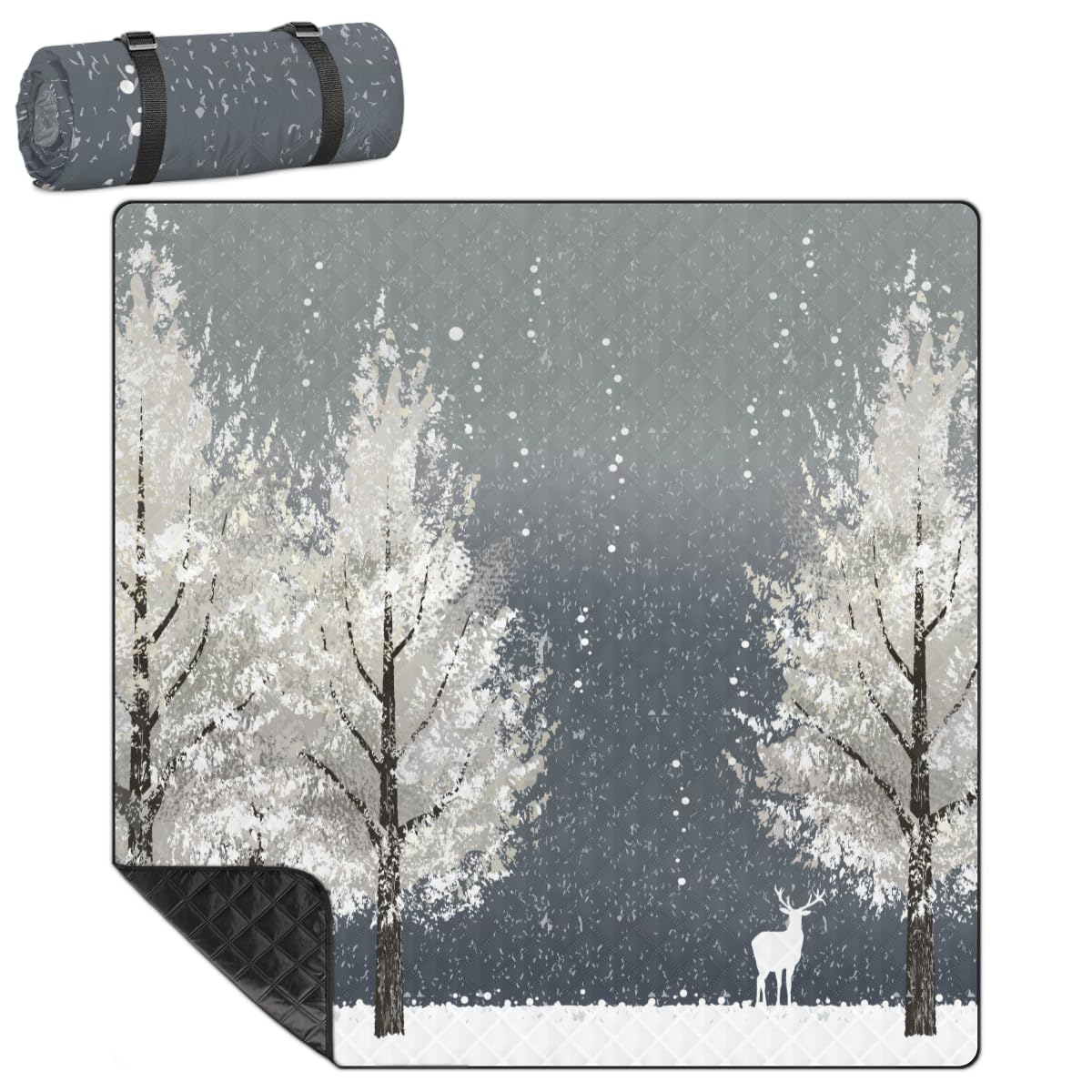 Shimoshe Extra Large Picnic Blankets 79”x 79”, Winter Tree Animal Deer Waterproof Foldable Picnic Mat with Straps Portable Beach Blanket for Camping Park Grass Beach Indoor
