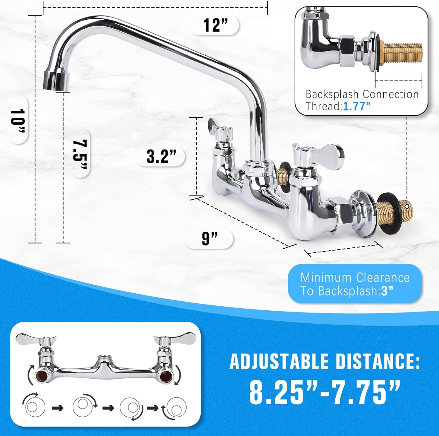 Wall Mount Kitchen Faucet 8" Center Commercial Sink Faucet with 12" Swivel Spout Dual Handles Brass Utility Sink Faucet for Laundry Room Restaurant Polish Chrome