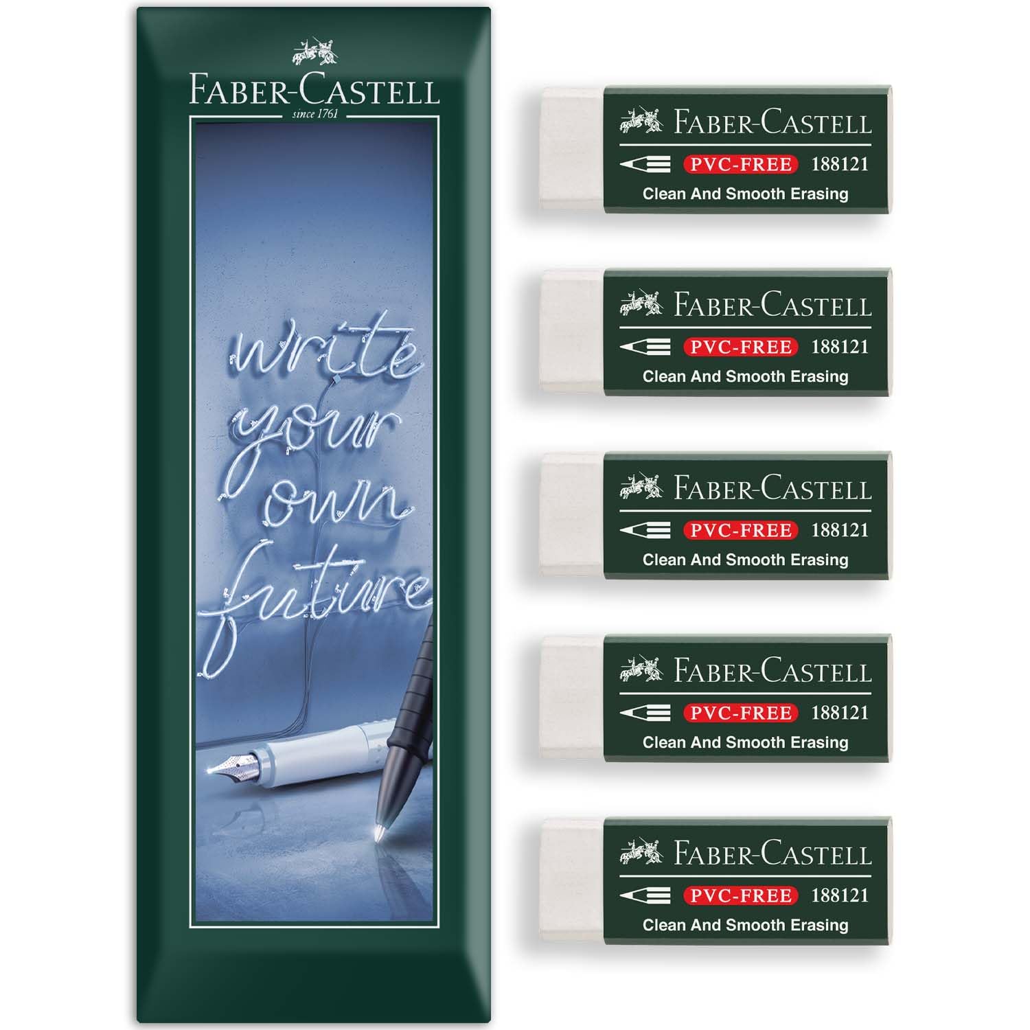 Faber-Castell PVC-Free Eraser | 7081N White Eraser | Soft, Clean, Smear-Free, Non-Toxic Erasing for School, Office & Art – in Envelope Packaging (Pack of 5)