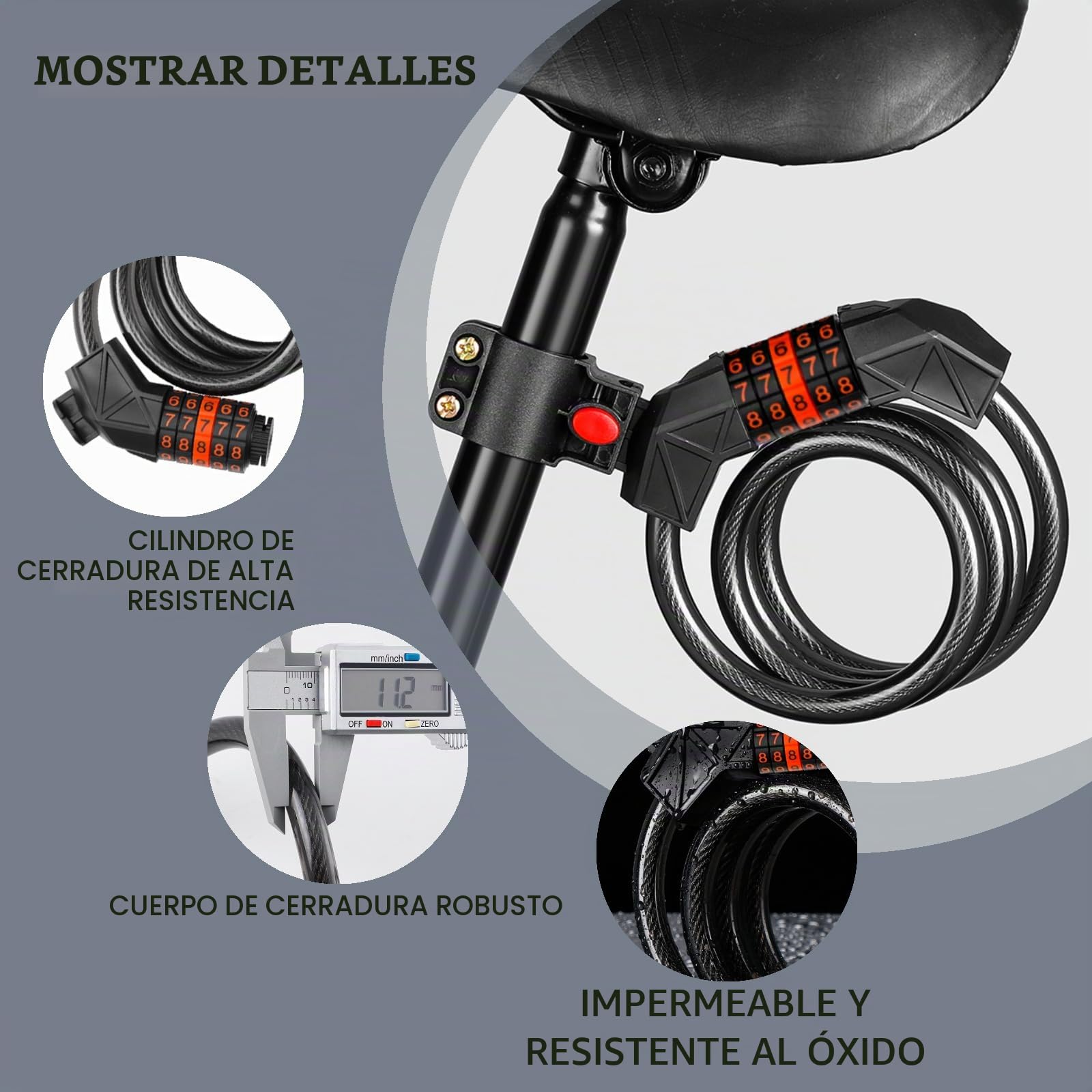 Candado Bicicleta Cadena Bici Combinacion 5 Dígitos 110cm/11mm Largo Candados Antirrobo Bicicletas Seguridad para Patinete Eléctrico Bicis Carretilla Puertas Accesorios