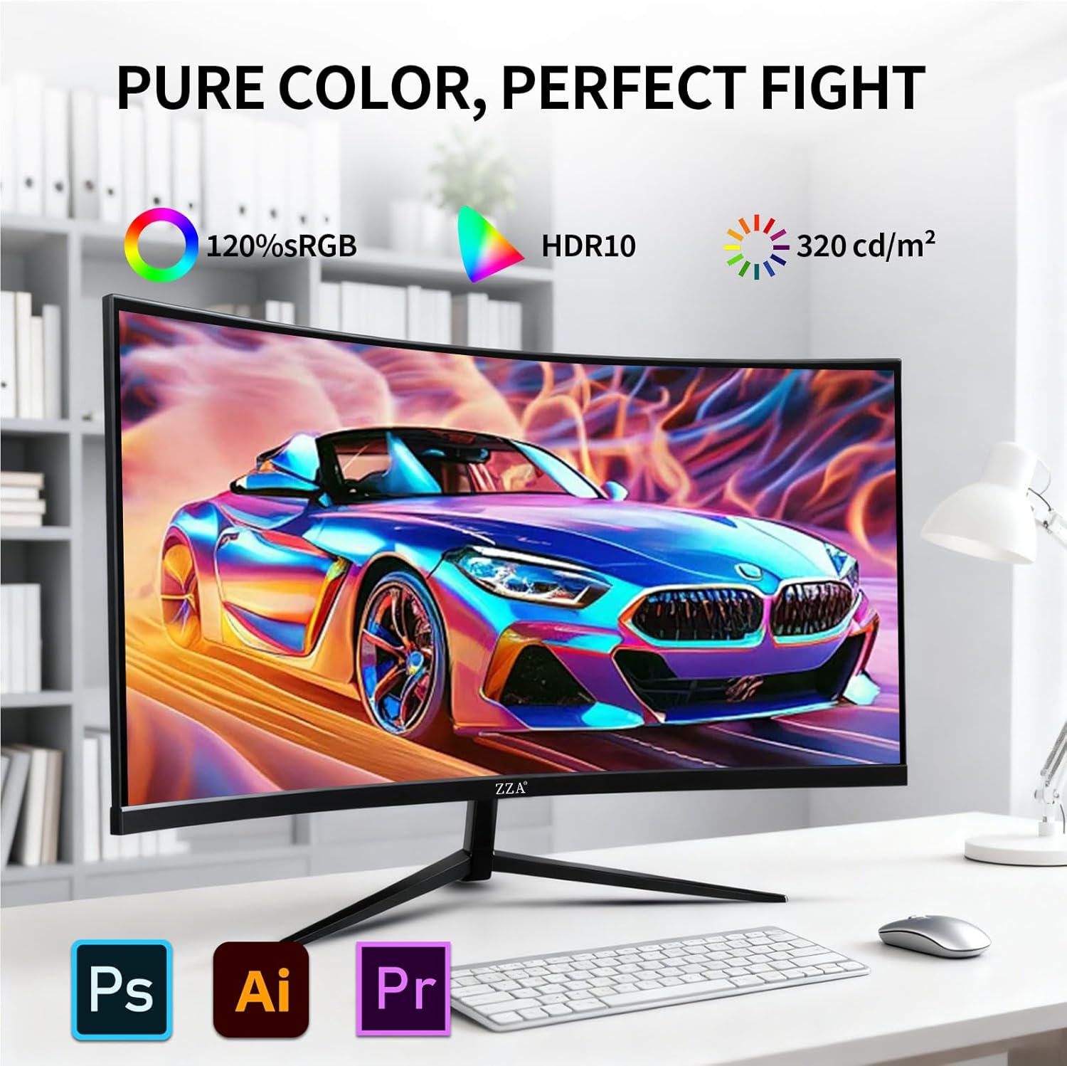 ZZA 32 Inch Curved Gaming Monitor 165Hz, QHD 2560x1440 PC Monitor HDMI DP1.4, 1500R VA Display, 1ms MPRT, HDR, Metal Stand, VESA Compatible (DP Cable Incl.)