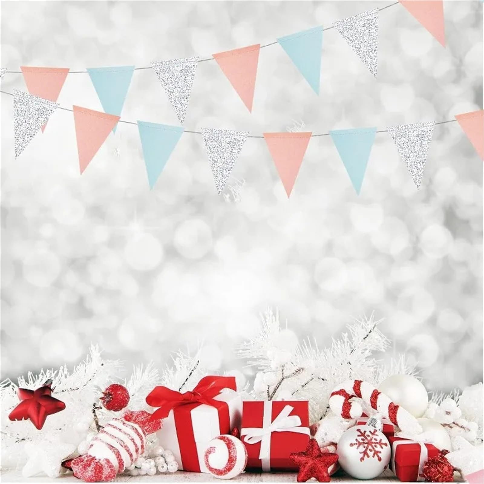 Banderines Decorativos Pastel Blue Silver Pink Christmas Party Triangle Flag Decorations Wedding Birthday Bridal Shower Streamers Supplies(4Pcs Triangle Flags)