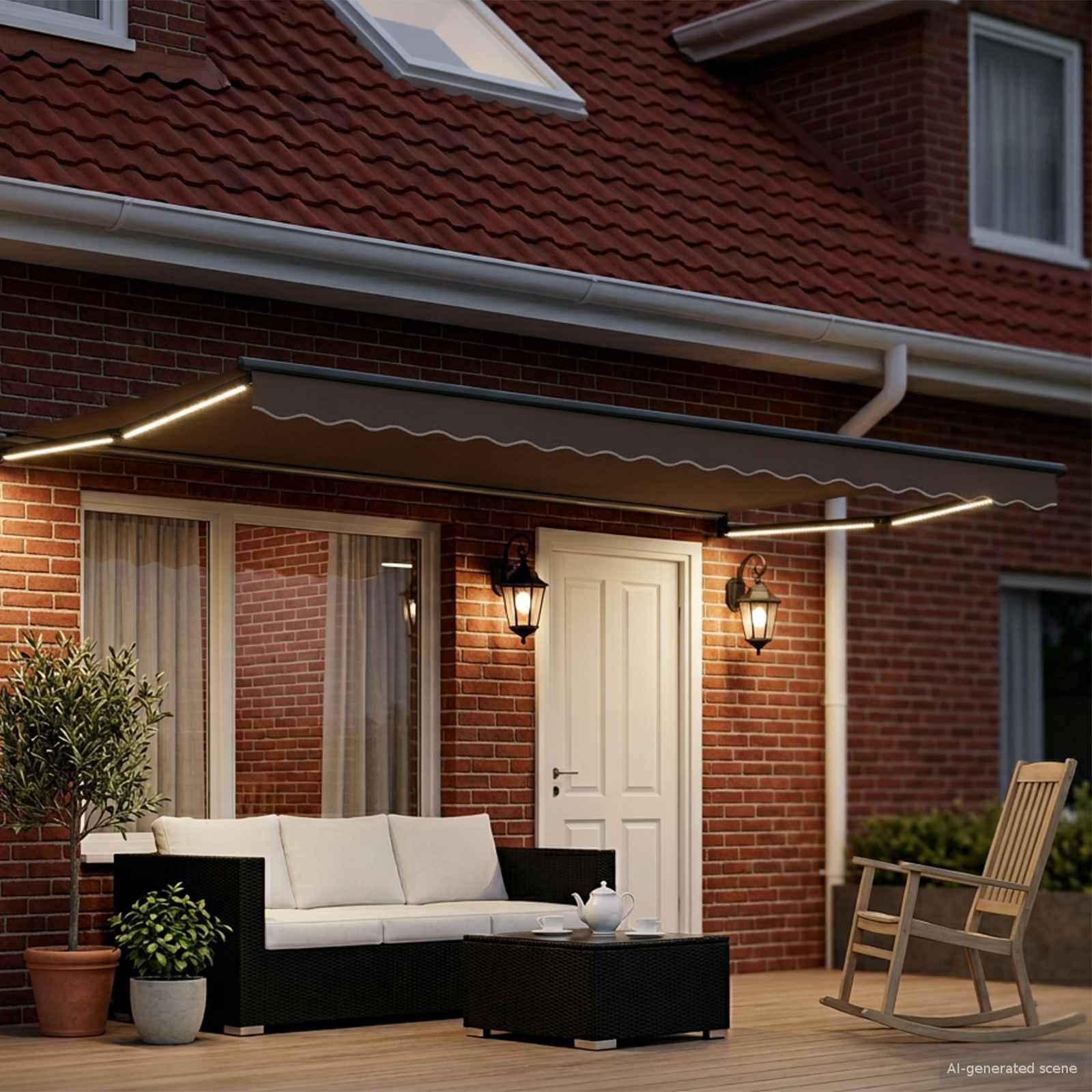 Telaio elettrico per tenda da sole antracite, 4,5 × 3 m, in alluminio con illuminazione a LED, sensore meteorologico, manovella, allungabile, per balcone, terrazza, giardino, resistente alle