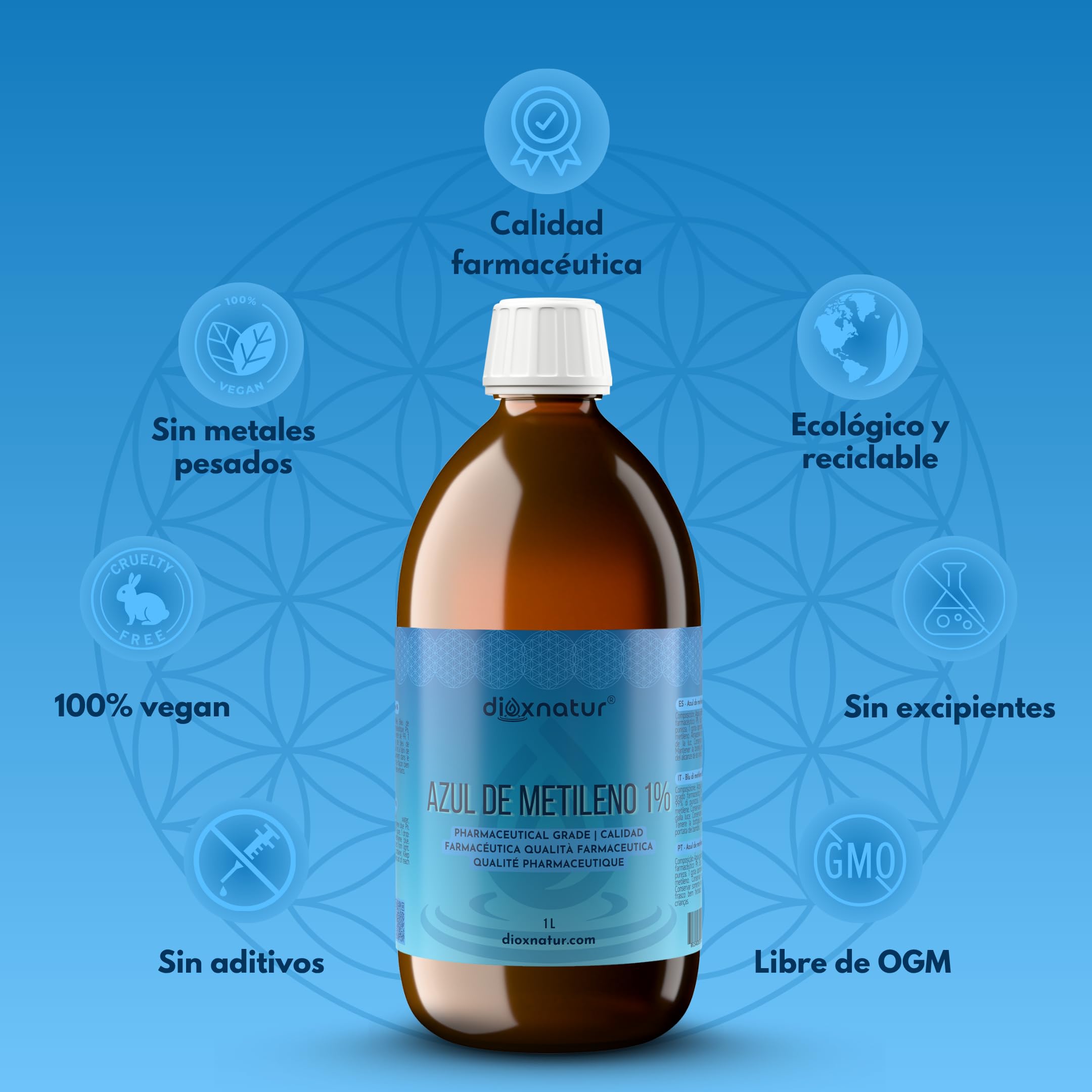 Azul de Metileno Solución 1% USP Calidad Farmacéutica 1 litro con Pipeta Marca Española