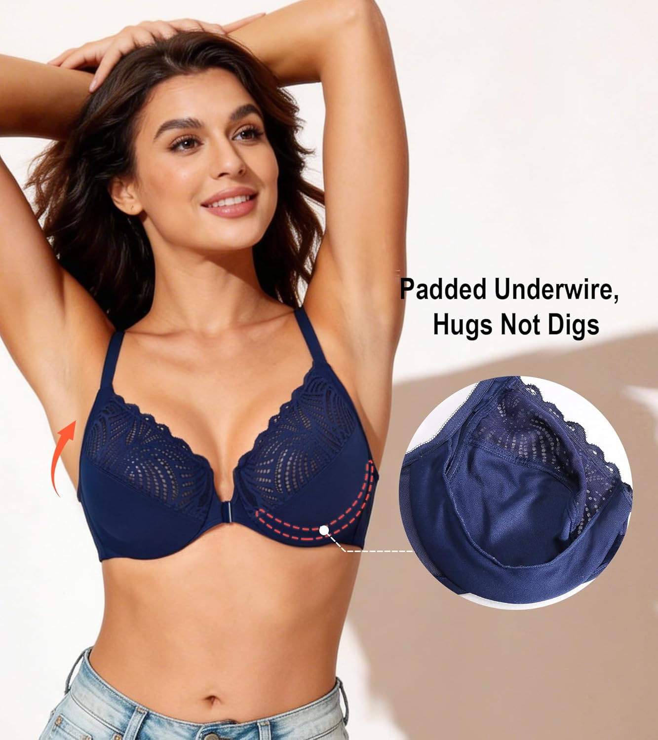 HACI Women's Front Closure Bra Underwire Unpadded T-Back Plus Size Lacy Full Coverage Racerback T-Shirt Unlined - Image 4