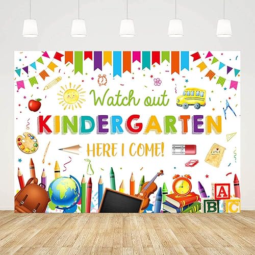 Miniatura 3 de Fondo de 7 x 5 pies para jardín de infantes para el regreso a la escuela, con texto en inglés "Watch Out Kindergarten Here I Come", suministros para