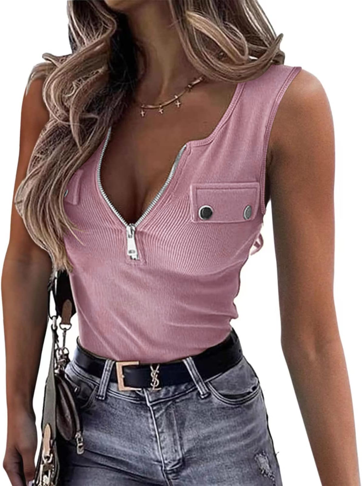 ELFIN Damen Ärmellos Tank Top Gerippt Sommer Sexy Oberteile Reißverschluss Stretch Weste Slim Fit Basic Shirt Ribbed Tops