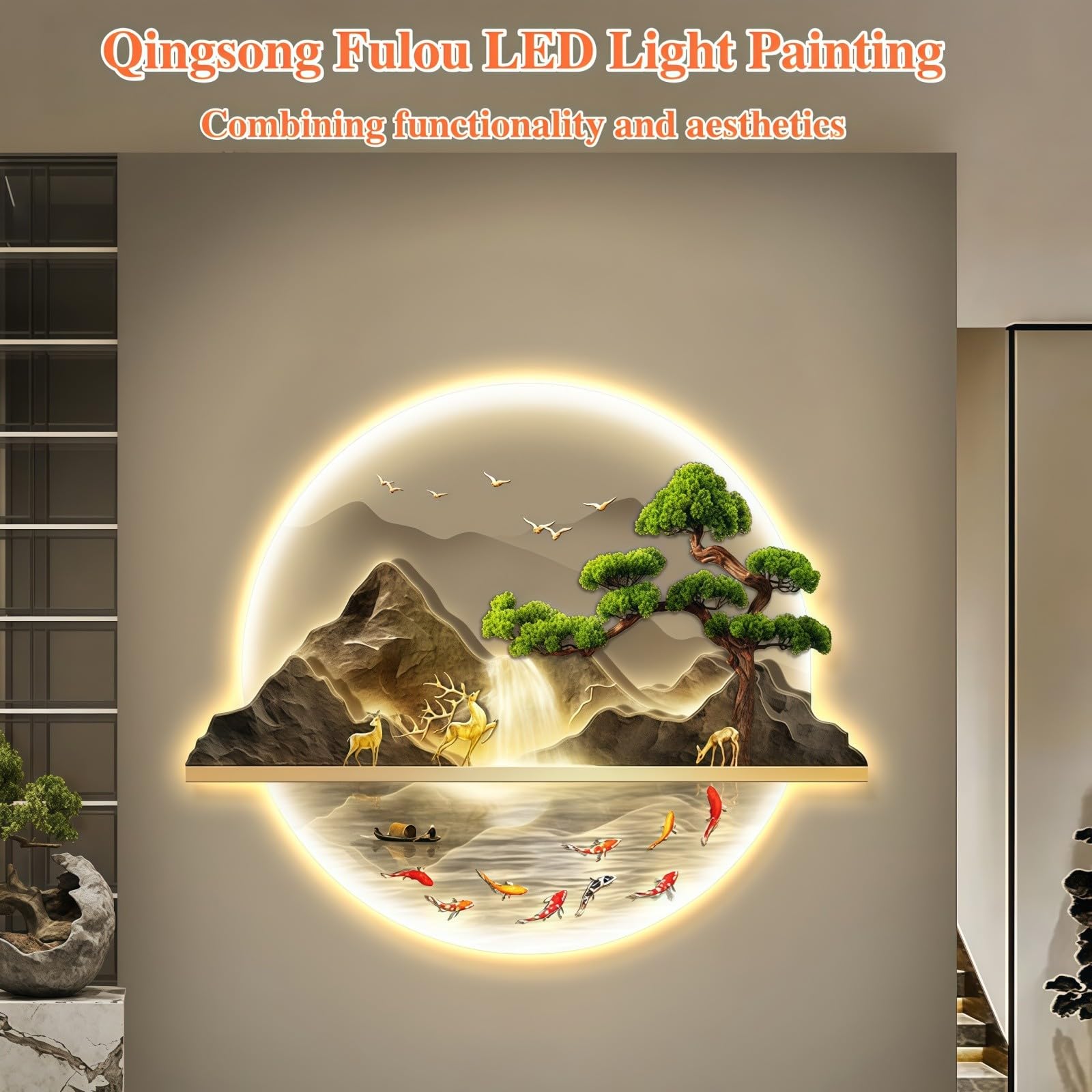 Dekorative 3D-Wandkunst, das Bild zeigt eine fließende Wasserlandschaft, Feng Shui Wandbild, Skulptur, Gemälde, LED-Beleuchtung und kann in Eingangsbereichen und Wohnzimmern verwendet werden. N, 70 x