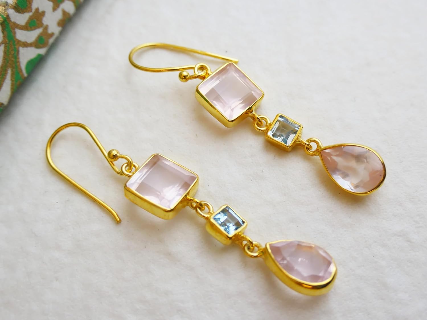 Rose Quartz and Blue Topaz Gold Plated Sterling Silver Drop Earrings - Handmade Gemstone Jewelry Gift Ideas for Women - Bridal Wedding Birthday Valentine's Mother's Day Gift Hypoallergenic - Image 3