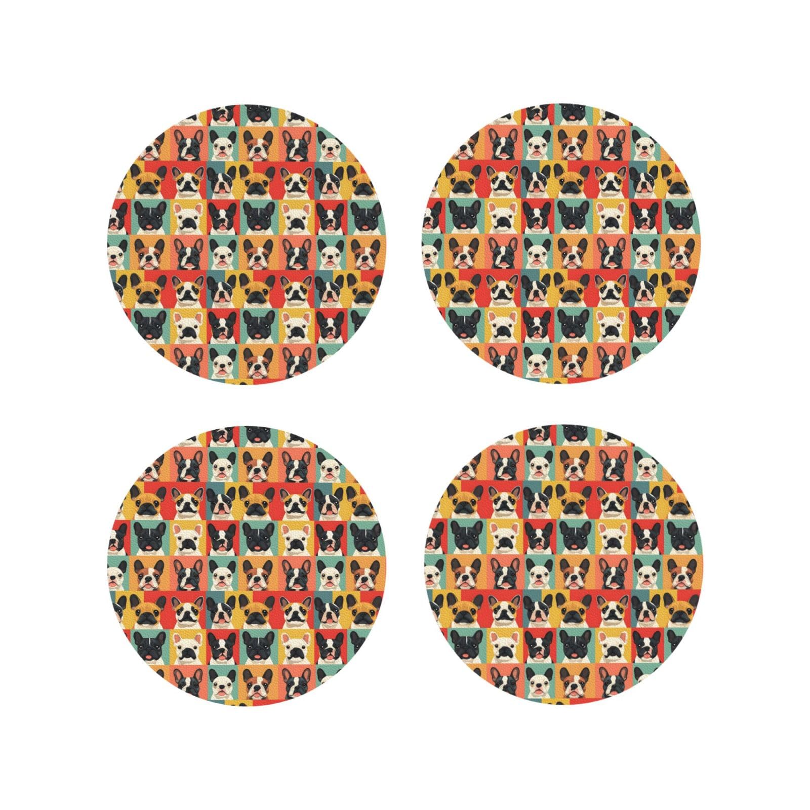 Smazdfxx Women's As Pic Leather Coasters Set Of 4 - Cute Colorful French Bulldog Print Lightweight Drink Coasters For Desk