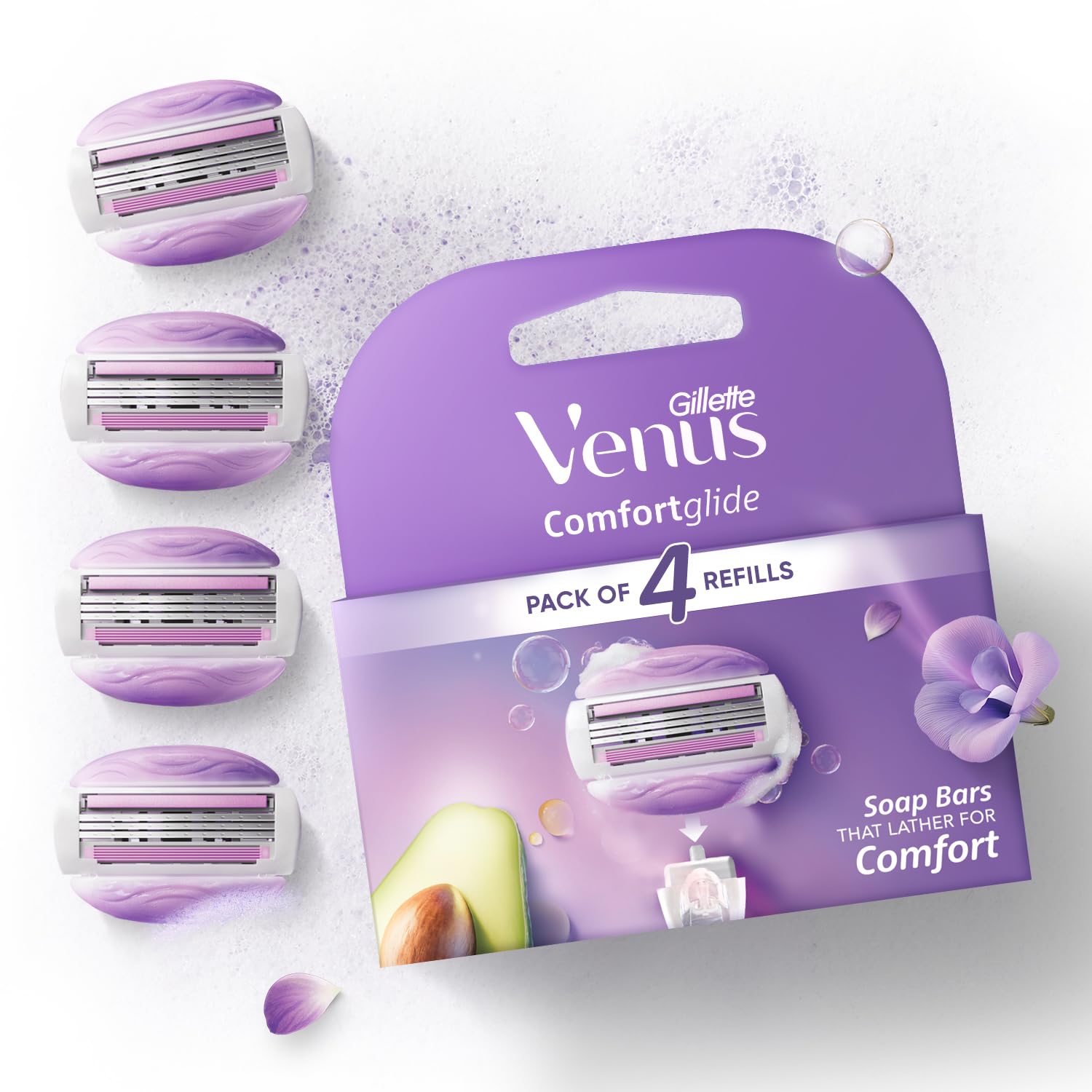 Gillette Venus Comfortglide Hair Removal Razor Blades | Refills | Cartridges | 4 Pcs | for Women | (Avocado Oils & Freesia scent soap gel bars)-image-21