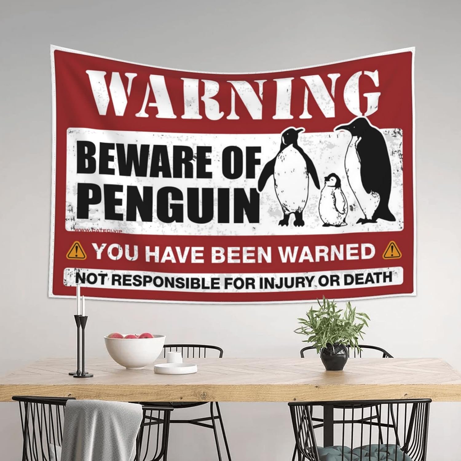 MUXISTRO Funny Home Decor Beware Of Penguin Tapestry Beer Decor Backyard Bar Decor(75X100CM) image 3